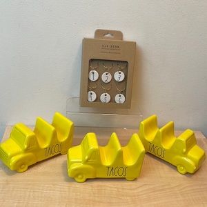 Rae Dunn 3 Yellow Ceramic Taco Holders and 6 Ceramic Wine Charms - New